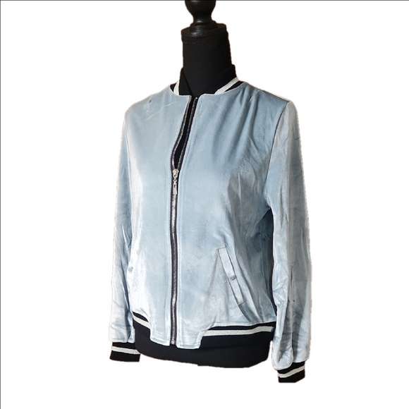 NWT Shug! Light Blue Velvet Bomber Jacket, size Small - Picture 1 of 9